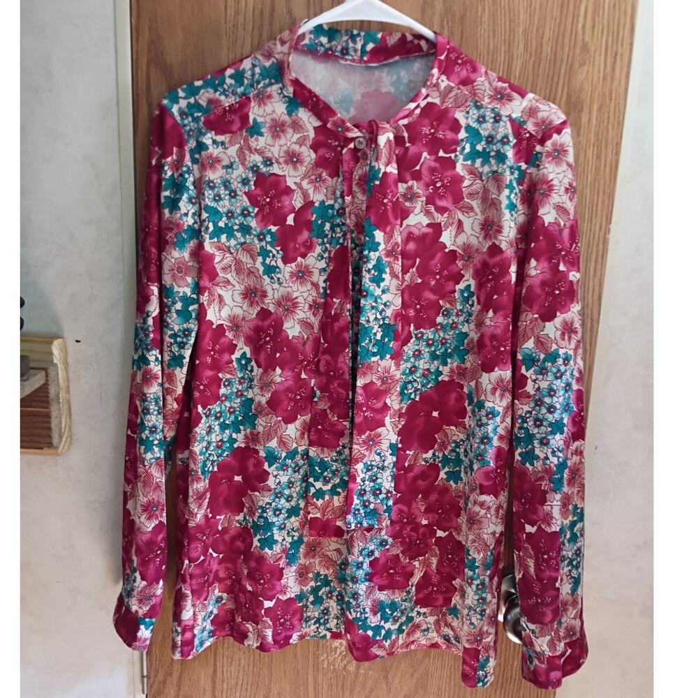 Vintage Floral Tie Neck Blouse Large Pink Teal Bow Long Sleeve Secretary 80s